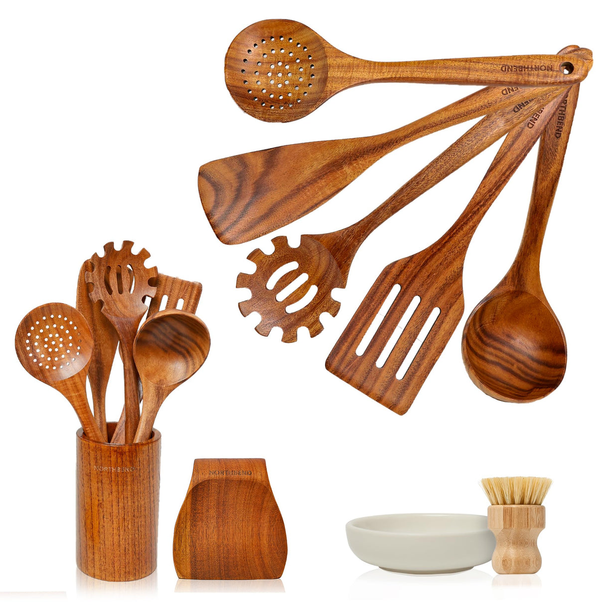 Wooden Kitchen Utensil Set - Teak Wood Cooking Utensil Sets Include Wooden Utensil Holder, Wooden Spatula, Spaghetti Spoon, Cleaning Brush & More - Durable Heat Resistant Wood Utensils Set for Cooking Northbend