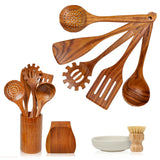Wooden Kitchen Utensil Set - Teak Wood Cooking Utensil Sets Include Wooden Utensil Holder, Wooden Spatula, Spaghetti Spoon, Cleaning Brush & More - Durable Heat Resistant Wood Utensils Set for Cooking Northbend