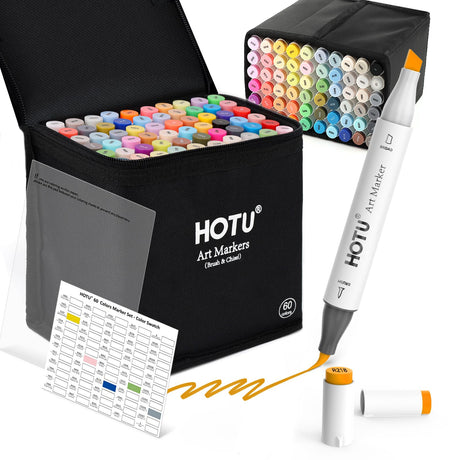 HOTU Alcohol Markers Brush Tip -60 Virant Colors Daul Tips Art Markers Set, for Artist Adults Coloring Illustrations, with Seamless Blending, Colorless Blender, Anti-Bleeding Pad, &Premium Ink HOTU