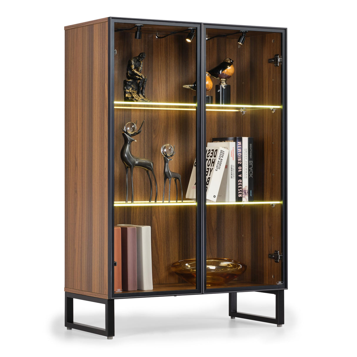 EUREKA ERGONOMIC Curio Cabinet, 2 Adjustable Shelves Display Storage Cabinet with LED Lighting, Tempered Glass Door, Showcase for Collectibles Figurines Home Office Living Room Bedroom, Walnut EUREKA ERGONOMIC