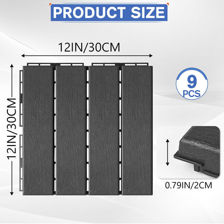 MYFAMIREA 9 Pcs Plastic Interlocking Deck Tiles 12" L x 12" W Patio Floor Decking Tiles Indoor Outdoor Waterproof Non-Slip Flooring Tiles All Weather Use for Balcony Backyard Porch Poolside, Dark Grey MYFAMIREA