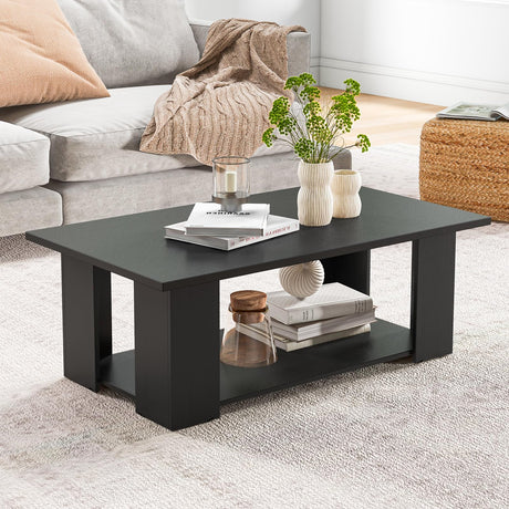 Giantex Rectangle Wood Center Table, 41" L 2-Tier Large Modern Tea Table w/Open Compartment, Easy Assembly, Accent Coffee Table for Living Room, Reception Room, Black Giantex