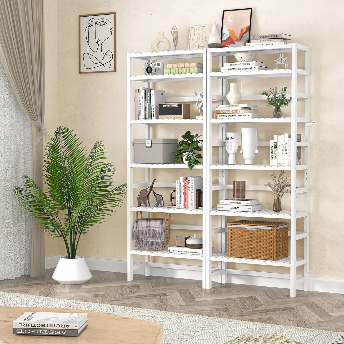 Homykic 6-Tier Adjustable Bamboo Bookcase - 63.4” Tall White Free Standing Storage Shelf - WoodArtSupply