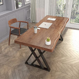 QZYJKJ Solid Wood Computer Desk Study Office Desk 55" Writing Desk, Modern Simple Style PC Table, Black Metal Frame, Solid Wood Planks 55" D x 27" W x 29" H for Home Office Bedroom,Rustic Brown QZYJKJ