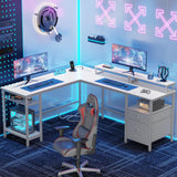 Furologee White 59” L Shaped Desk with Power Outlet, Reversible Computer Desk with File Drawer & 2 Monitor Stands, Corner Home Office Desk with Storage Shelves for Gaming Writing Furologee