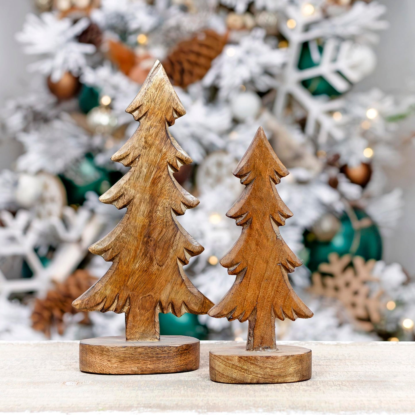 AuldHome Wooden Christmas Trees (Set of 2, Natural); Tabletop Handmade Wood Trees with Rectangular Base for Holiday Home Decor