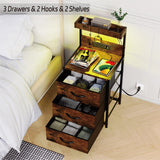 SZLHANJZ Nightstand, Dresser Nightstand with Charging Station and Led Lights, 3 Drawers Night Stand with Storage Shelf and Hooks, Tall End Side Table for Bedroom, Rustic Brown SZLHANJZ