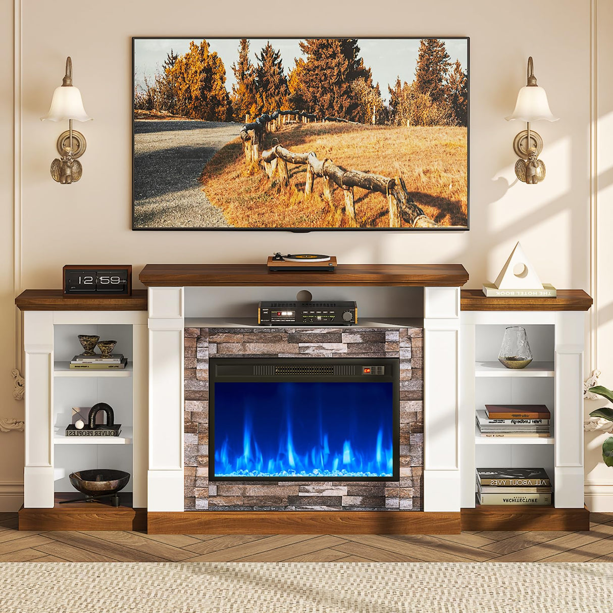 oneinmil 70" Fireplace TV Stand, Electric Fireplace with Mantel, Modern Entertainment Center with Open Storage, Remote Control, Adjustable Flame, Fire Place TV Stand for Living Room, Bedroom Oneinmil