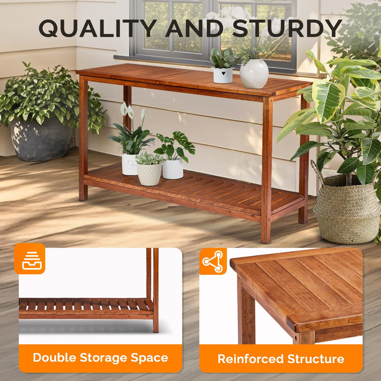 VINGLI 49in Solid Wood Outdoor Console Table, 2-Shelf Wooden Outdoor Accent Plant Table Multifunctional Buffet Bar Storage Organizer for Indoor Patio Porch and Entryway (Natural) VINGLI