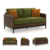 Signature Design by Ashley Horizon Hall Vintage Outdoor Weather Resistant Resin Wicker Loveseat with Cushion and 2 Accent Pillows, Green & Dark Brown Signature Design by Ashley