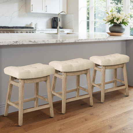 RNKSFX Counter Height Bar Stools Set of 3 for Kitchen Counter Farmhouse Modern Barstools with Upholstered Fabric Backless Seat and Solid Wood Legs 24 inch Bar Chairs, Khaki + Wood Color RNKSFX