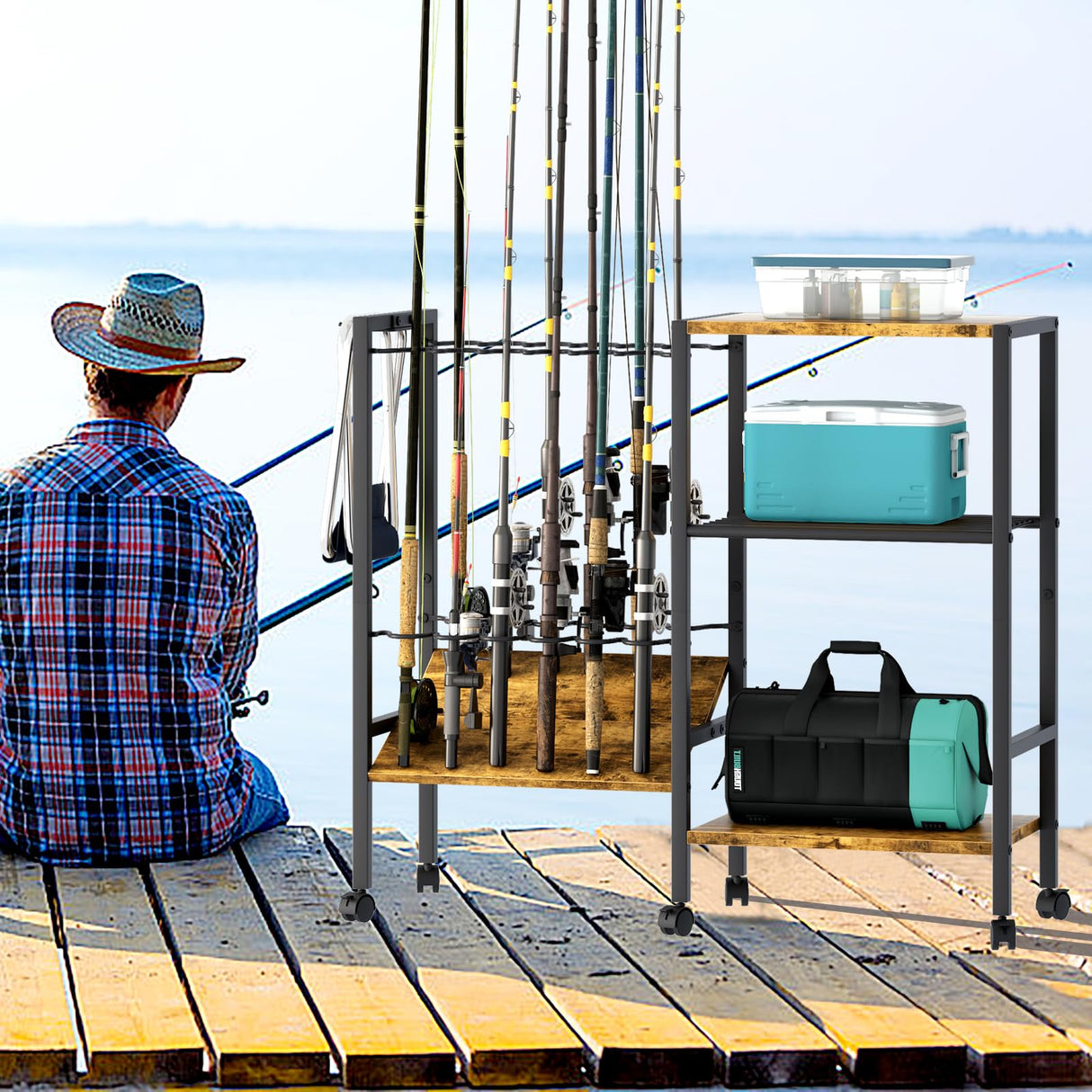 Azheruol Fishing Rod Rack Fishing Equipment Organizers With Wheels, Metal Fishing Gear Shelf Up To 12 Rods, Fishing Rod Holders Fishing Pole Storage Cart For Garage Home Entryway Corner Azheruol