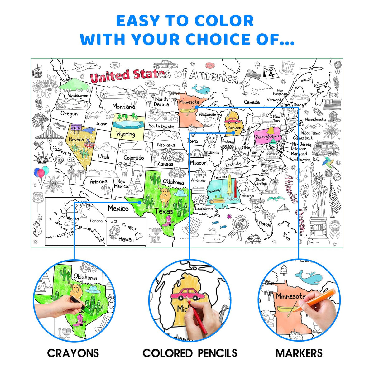 Licidecopai 54x33 Inch US Themed Giant Coloring Poster for Kids - Large US Map Coloring Table Cloth for Children's Birthday Party Licidecopai