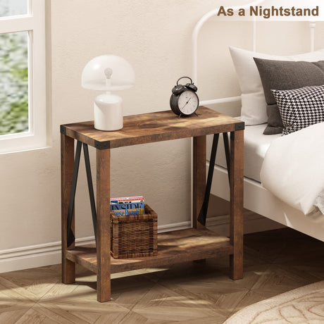 ChooChoo Farmhouse End Table for Small Spaces, Narrow Side End Table with Storage Shelf, Rustic A-Design Nightstand Sofa Table for Living Room, Bedroom (Rustic Brown) 2 Pack ChooChoo