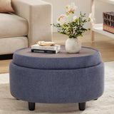 COLAMY Fabric Round Storage Ottoman with Reversible Tray Lid – Multi-Functional Footrest, Hidden Storage, Sturdy & Stylish Small Coffee Table for Living Room, Bedroom, or Entryway(Blue) COLAMY