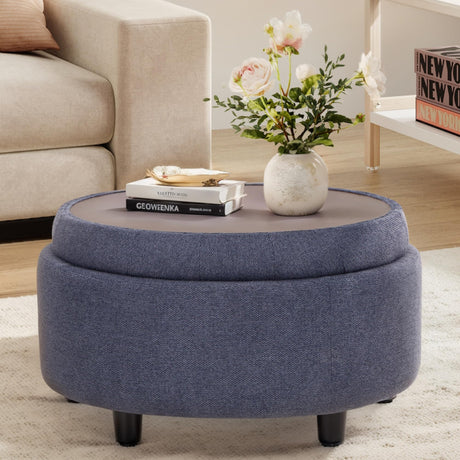 COLAMY Fabric Round Storage Ottoman with Reversible Tray Lid – Multi-Functional Footrest, Hidden Storage, Sturdy & Stylish Small Coffee Table for Living Room, Bedroom, or Entryway(Blue) COLAMY