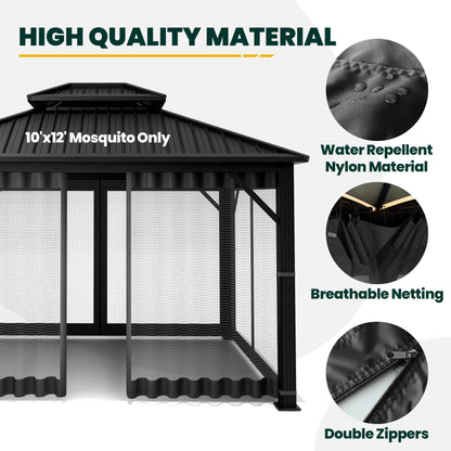 OLILAWN Gazebo Universal Replacement Mosquito Netting, 10' x 12' Outdoor Canopy Net Screen 4-Panel Sidewall Curtain, with Zippers, Easy to Install, Fit for Most Gazebo 10x12 Canopy, Black - WoodArtSupply