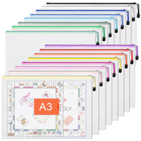 EOOUT 16pcs Mesh Zipper Pouch Bags, A3 Large Zipper Bags Board Game Storage with Labels, 16.7x12.4 Inch Plastic Zip File Folders Puzzle Storage Bag for Organizing Classroom Office Home EOOUT