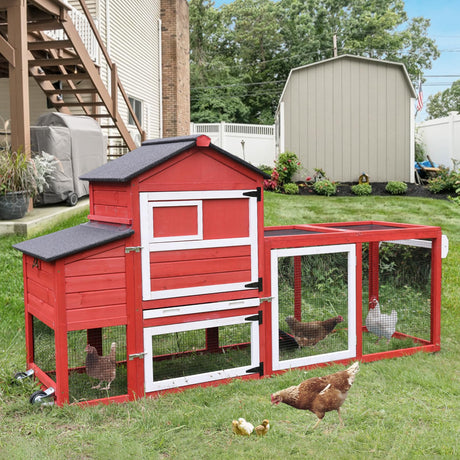 Chicken Coop for 2-4 Chickens,Outdoor Chicken House with Wheels, Nesting Box, Leakproof Pull-on Tray and UV-Resistant Roof Panel, Wooden Mobile Chicken Coop for Duck (Red, 70" L x 22" W x 44.1" H) Suumerpety