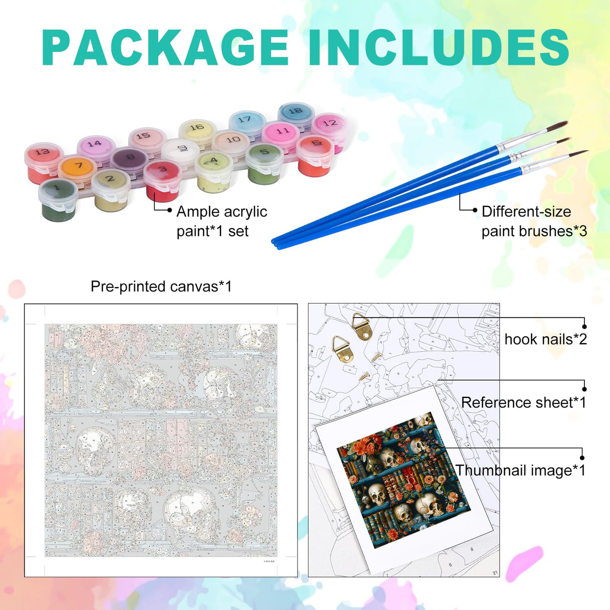 Paint by Numbers Kit for Adults - Halloween Bookshelf Adult Paint by Number Kits on Canvas for Beginner, Skull DIY Acrylic Oil Number Painting for Adults, Perfect for Home Decor Gift 16x16 Inch GEEHEIY