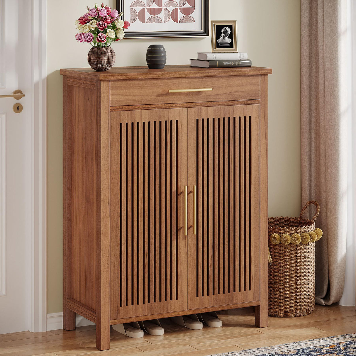 Tribesigns Shoe Cabinet, 5-Tier Shoe Storage Cabinet with Louvered Doors and Drawer, Freestanding Wooden Shoe Rack Organizer with Adjustable Shelves for Entryway, Hallway, Closet, Brown Tribesigns