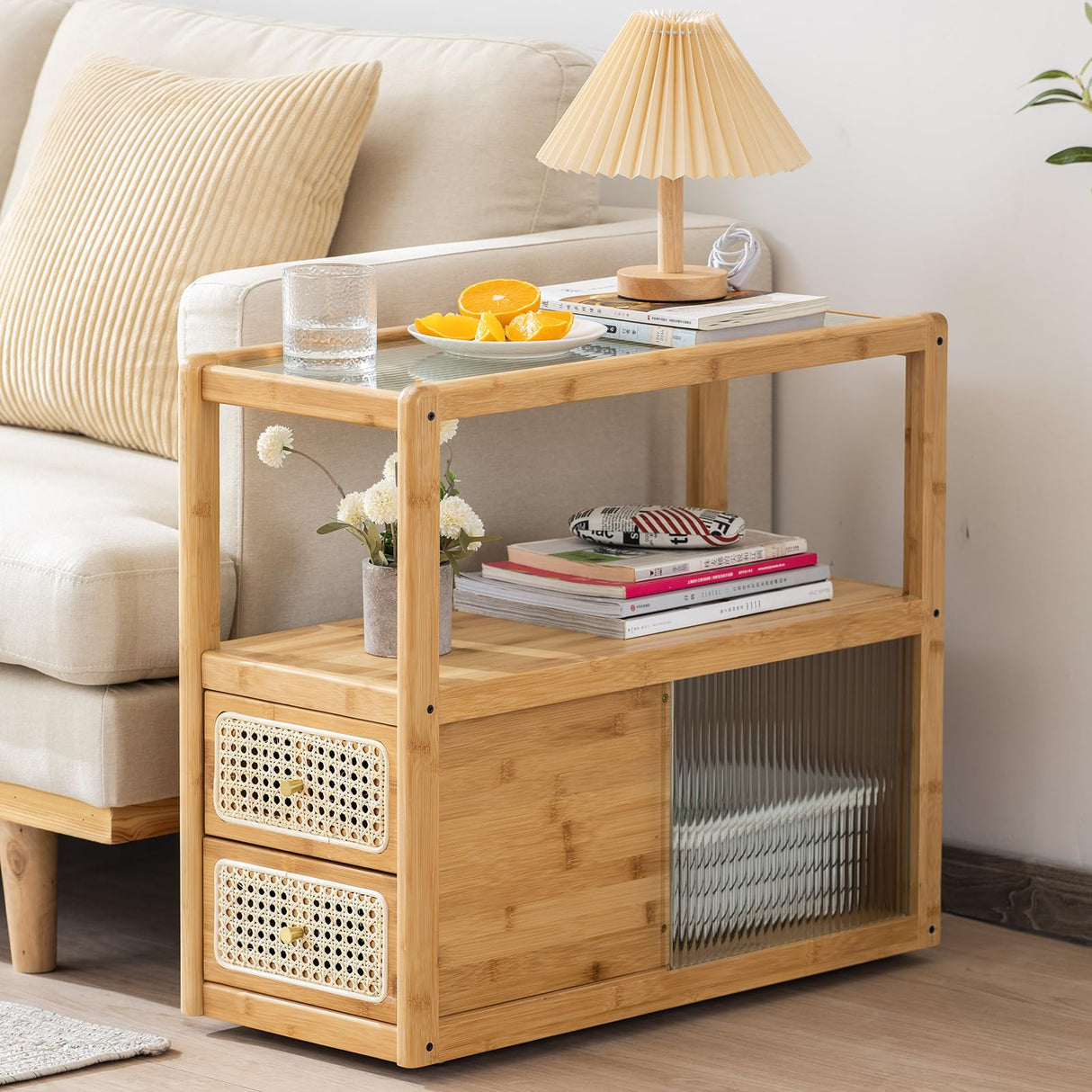 Tiita Rattan Nightstand Side Table, Bamboo Accent Bedside Tables, Glass Coffee Tables, Boho Wooden End Table with Storage for Small Space, Living Room and Bedroom Tiita