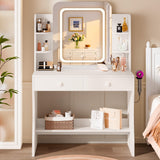 LIVELYGLOW Small Makeup Vanity Desk, 29.5" W x 15.8" D x 51.2" H, White (Smart LED Mirror, Hairdryer Rack, Power-Outlet, 5 Shelves, 2 Drawers) LIVELYGLOW