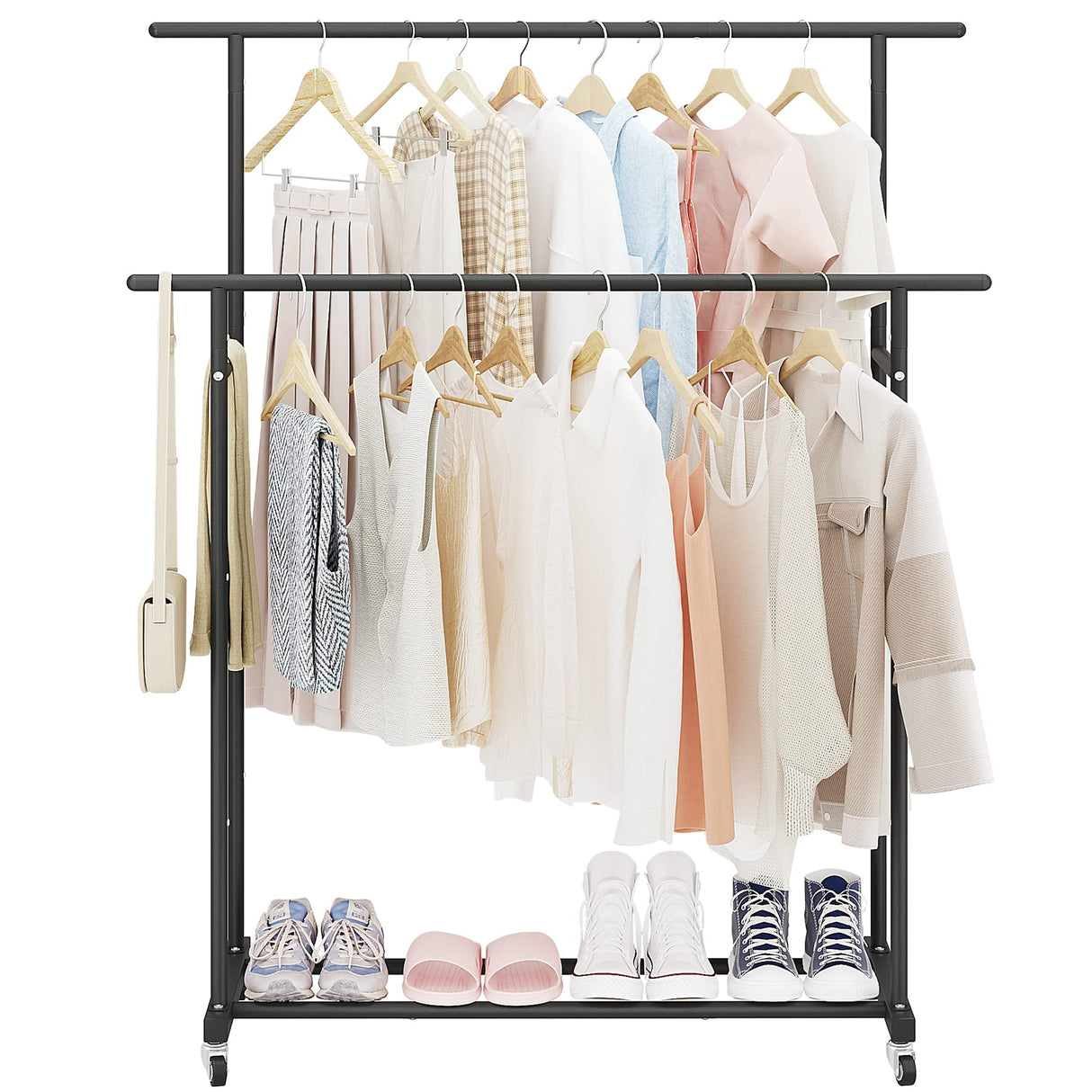 Calmootey Double Rod Clothing Garment Rack,Rolling Hanging Clothes Rack,Portable Clothes Organizer for Bedroom,Living Room,Clothing Store,Black Calmootey