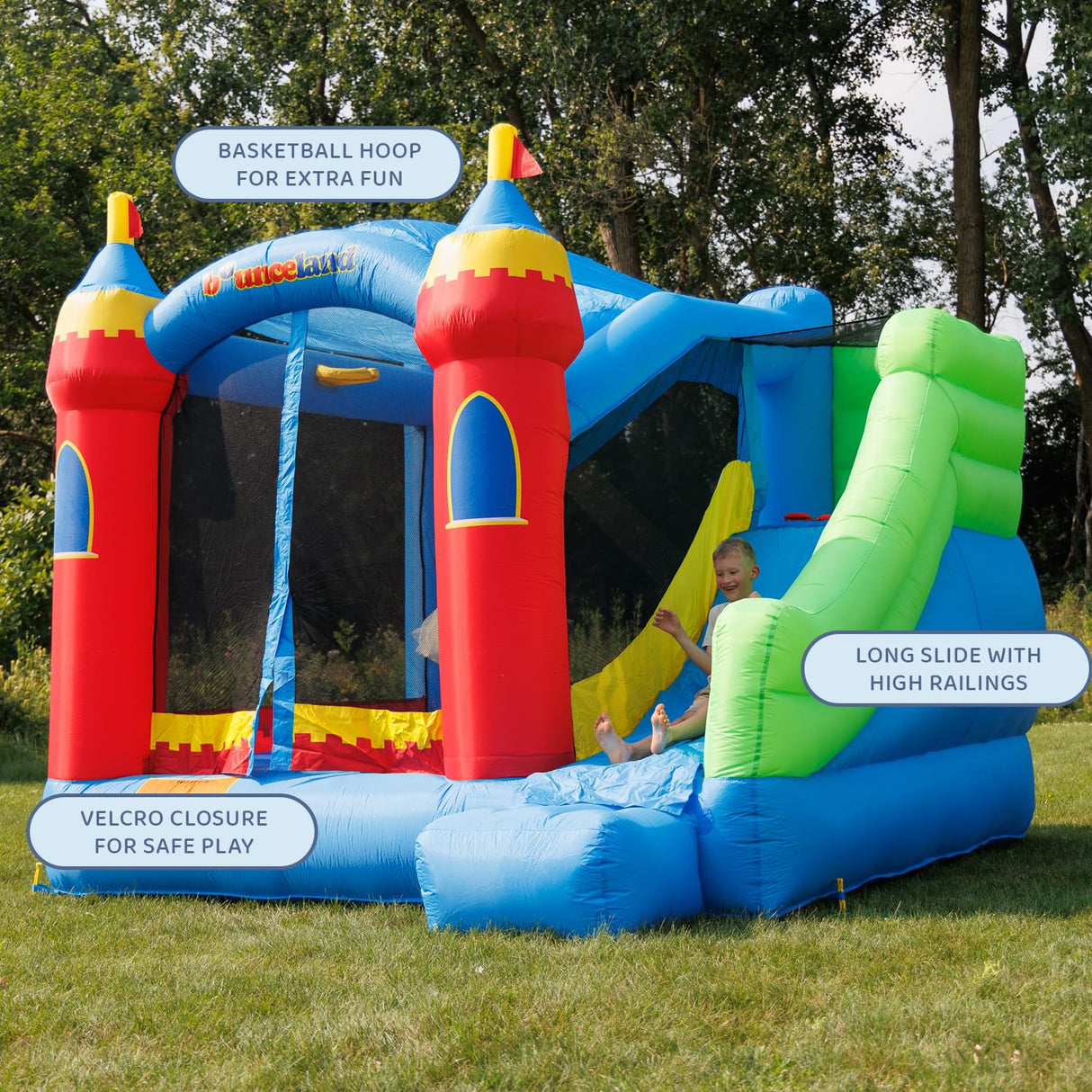 Bounceland Royal Palace Inflatable Bounce House, with Long Slide, Large Bouncing Area, Basketball Hoop and Sun Roof, 13 ft x 12 ft x 9 ft H, UL Strong Certified Blower, Castle Kids Party Theme Bounceland