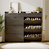 IDEALHOUSE Modern Black Shoe Cabinet with 3 Flip Drawers & 2 Small Drawers & Hook, Slim Fluted Shoe Storage Organizer, Narrow Entryway Cabinet for Apartment, Hallway, Entrance IDEALHOUSE