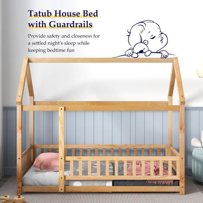 Montessori-Inspired Tatub Twin House Floor Bed with Safety Rails for Kids - WoodArtSupply