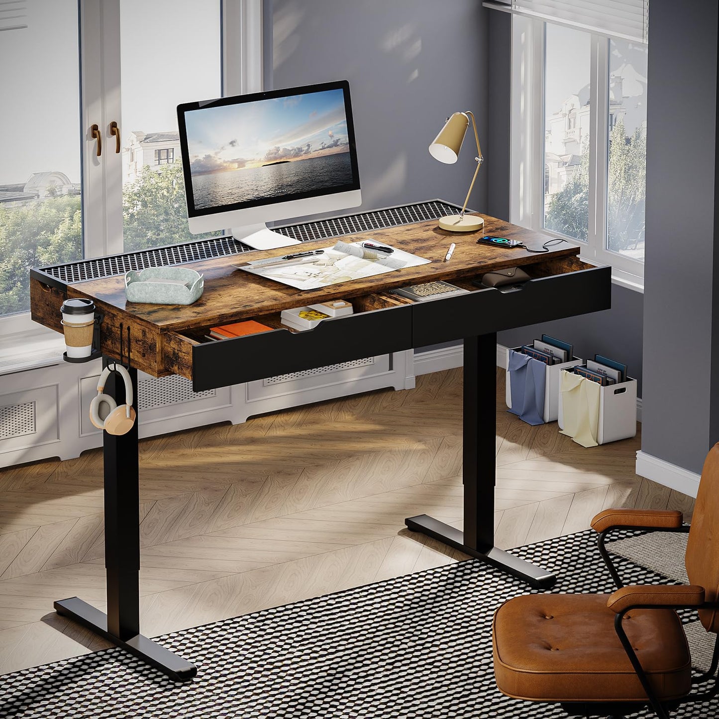 Bestier LED Electric Standing Desk with Double Drawers, 47 Inch Ergonomic Sit Stand Desk with Cup Holder ＆ Hook,Rising Desk for Home Office Workstation,Reversible Grid Brown Top - WoodArtSupply