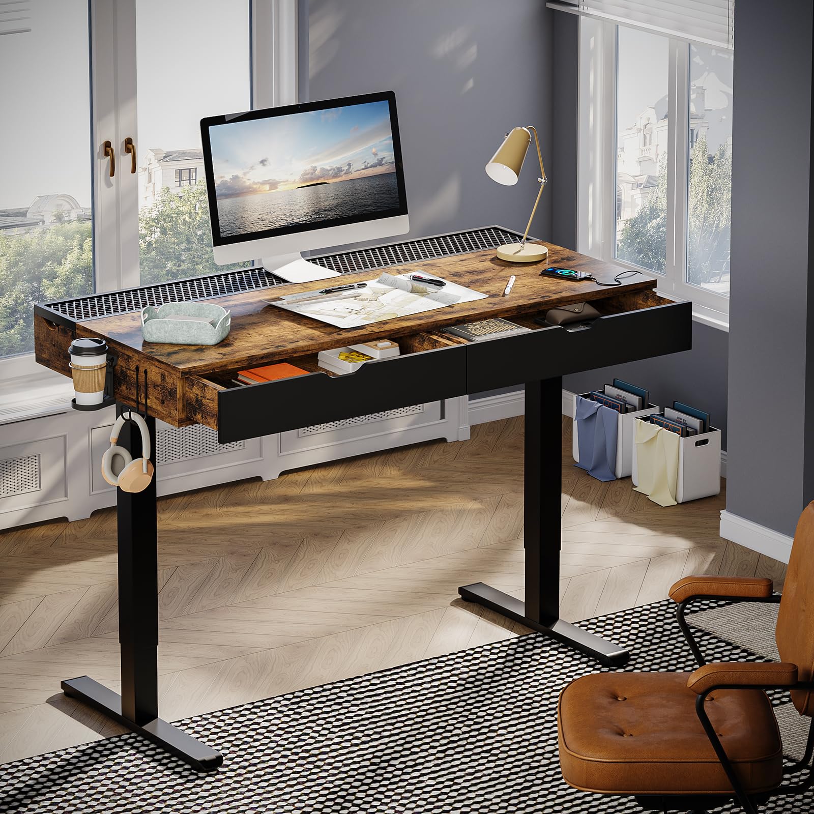 Bestier LED Electric Standing Desk with Double Drawers, 47 Inch Ergonomic Sit Stand Desk with Cup Holder ＆ Hook,Rising Desk for Home Office Workstation,Reversible Grid Brown Top - WoodArtSupply