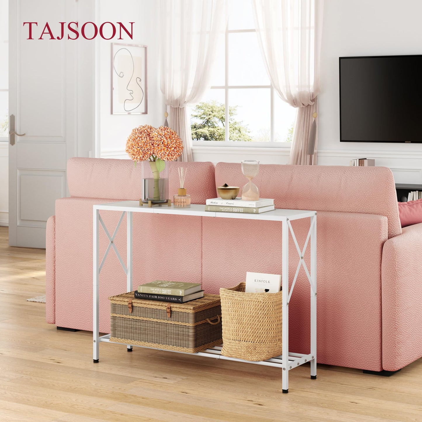 Tajsoon Console Table 41.8”, 2-Tier Entryway Table Narrow Sofa Table with Shelves, Entrance Table with Stable X-Frame, for Entryway, Hallway, Living Room, Foyer, Corridor, Office, White