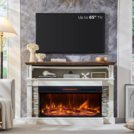 RedLemon 3-Sided Glass Fireplace TV Stand for TVs up to 65'', 52'' Electric Fireplace with Mantel, 36'' Tall Highboy Farmhouse Entertainment Center with Storage for Living Room, Antique White RedLemon