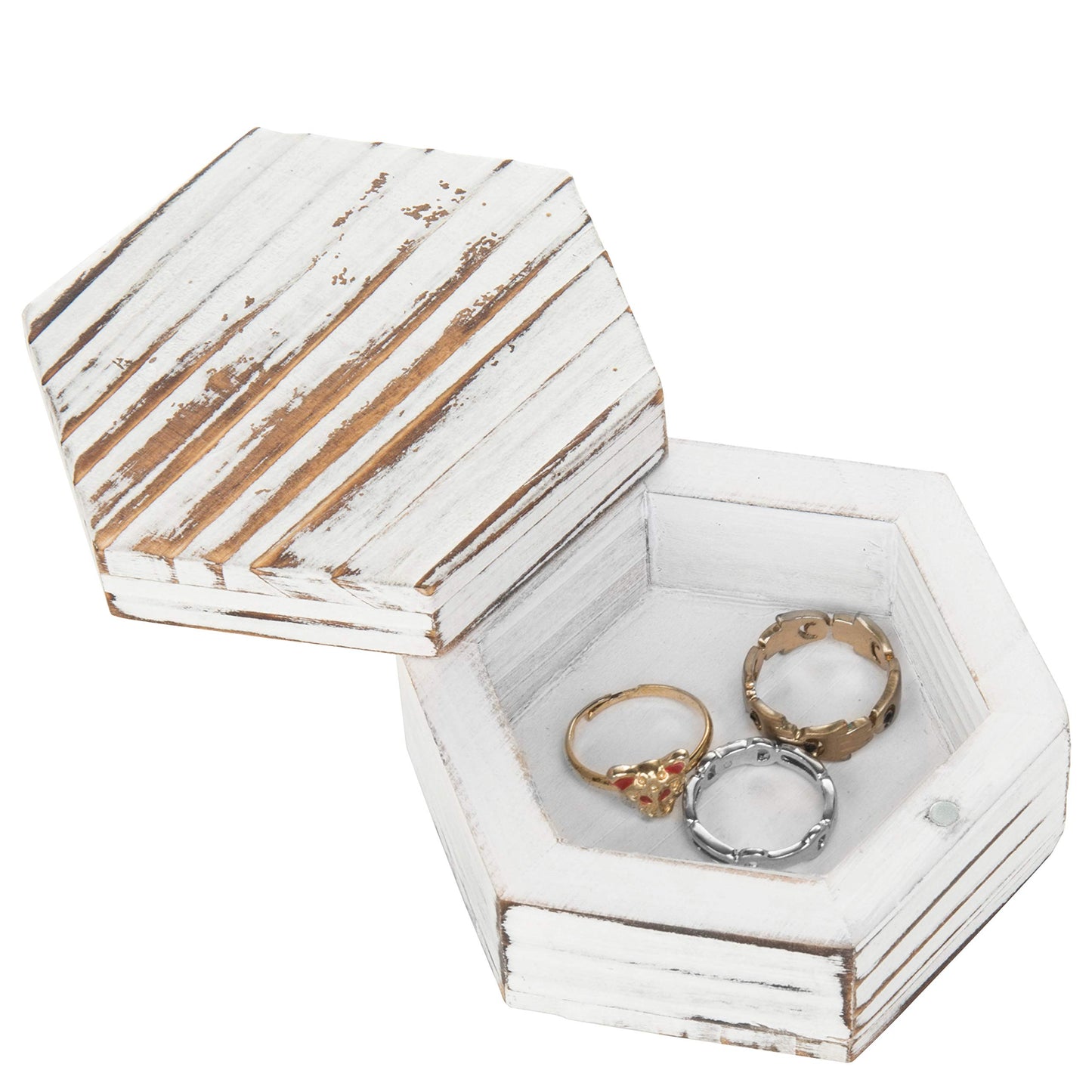 MyGift 3 Inch White Washed Solid Wood Wedding Ring Box, Hexagon Shape Trinket Box and Ring Holder, Small Jewelry Gift Box