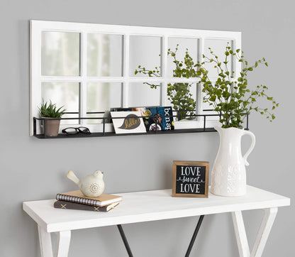 Kate and Laurel Jackson Casual Farmhouse Solid Wood 10 Windowpane Mirror with Distressed Black Metal Shelf, 40x18, Coastal White - WoodArtSupply