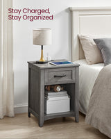 VASAGLE LIRY Collection - Farmhouse Nightstands with Charging Station, Set of 2 Bedside Tables, Side Tables with Drawer, Open Compartment, for Bedroom, Misty Gray ULET859G01 VASAGLE