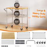 3 Tier Rolling Kitchen Carts on Wheels with Storage,650Lbs Heavy Duty Utility Carts with Wheels,Kitchen Island with Wood Tabletop,Metal Serving Rolling Cart for Small Appliance Food Cart,Wood+Metal BolDuck