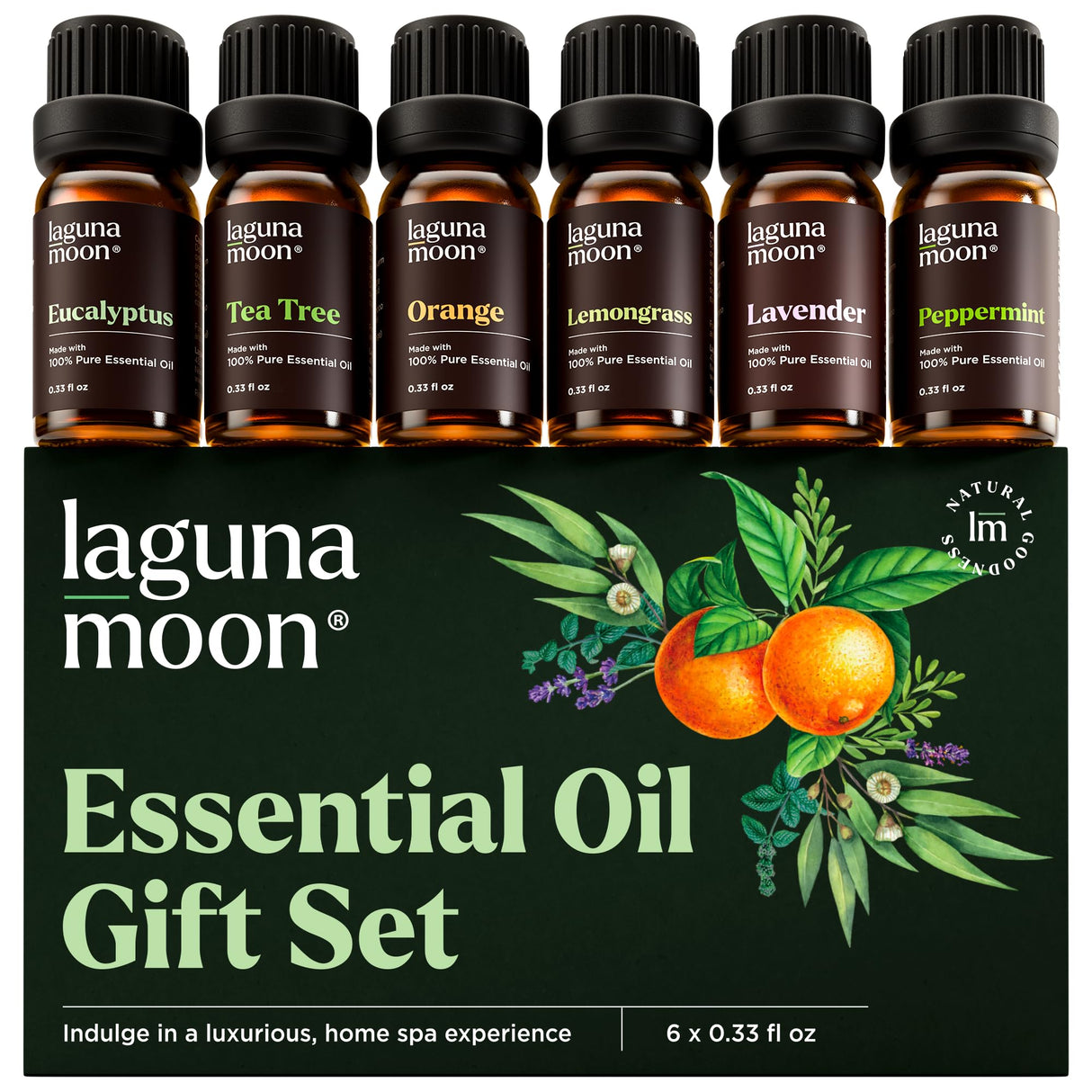 Essential Oils Set - Top 6 Blends for Diffusers, Home Care, Candle Making Scents, Fragrance, Aromatherapy, Humidifiers, Gifts - Peppermint, Tea Tree, Lavender, Eucalyptus, Lemongrass, Orange (10mL) Lagunamoon
