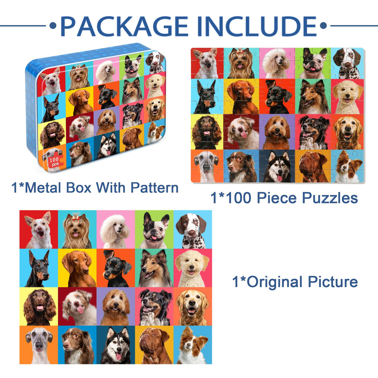 LELEMON Puzzles for Kids Ages 4-6,Dog Puzzle 100 Piece Puzzles for Kids Ages 4-8 in a Metal Box, Educational Kids Puzzles Jigsaw Puzzles 100 Piece Puzzle Games Puzzle Toys for Girls and Boys LELEMON