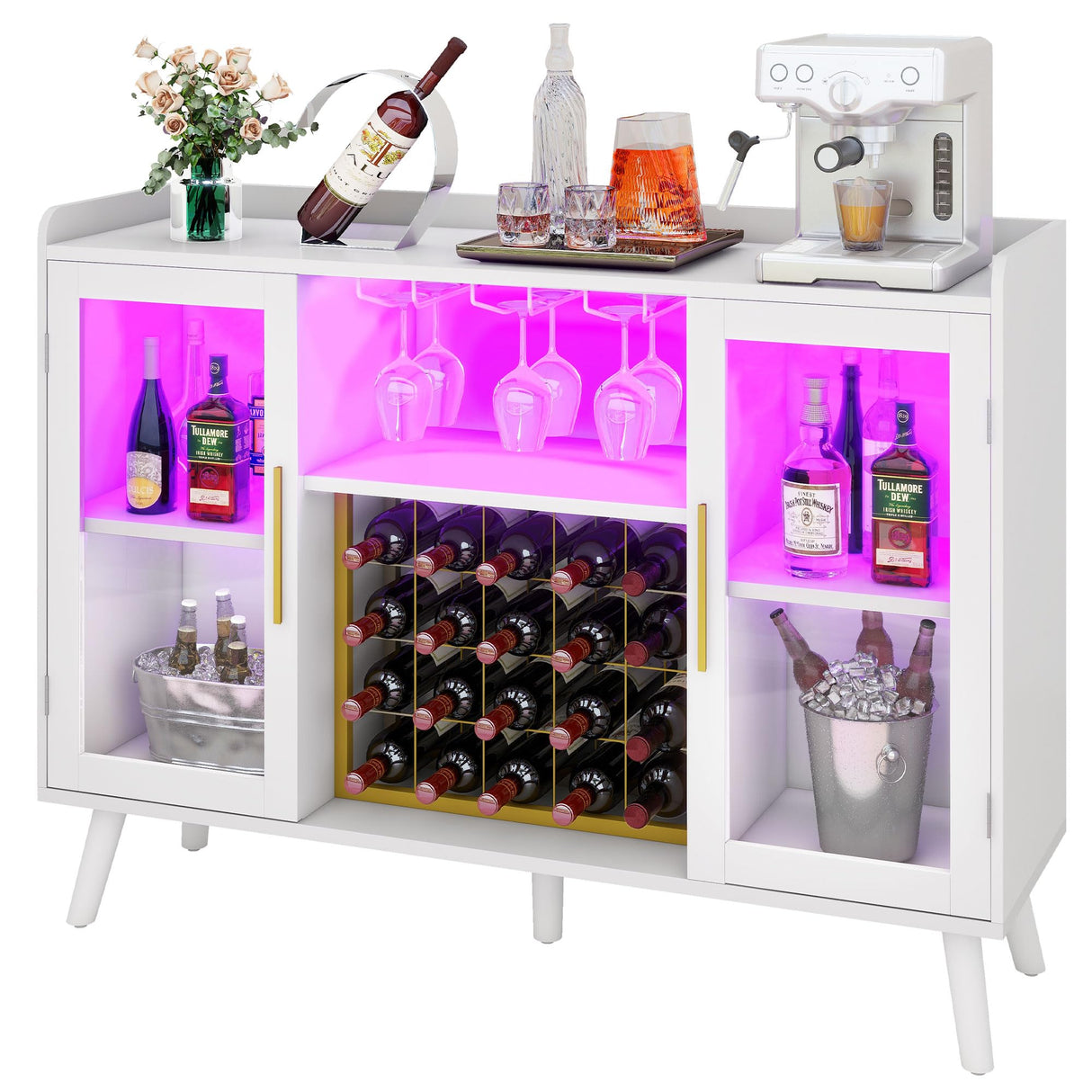 DWVO Wine Bar Cabinet with Led Lights & Power Outlets, 53" Coffee Bar Cabinet for Liquor and Glasses, Modern Buffet Sideboard with Storage Cabinet for Kitchen, Dining & Living Room, White DWVO