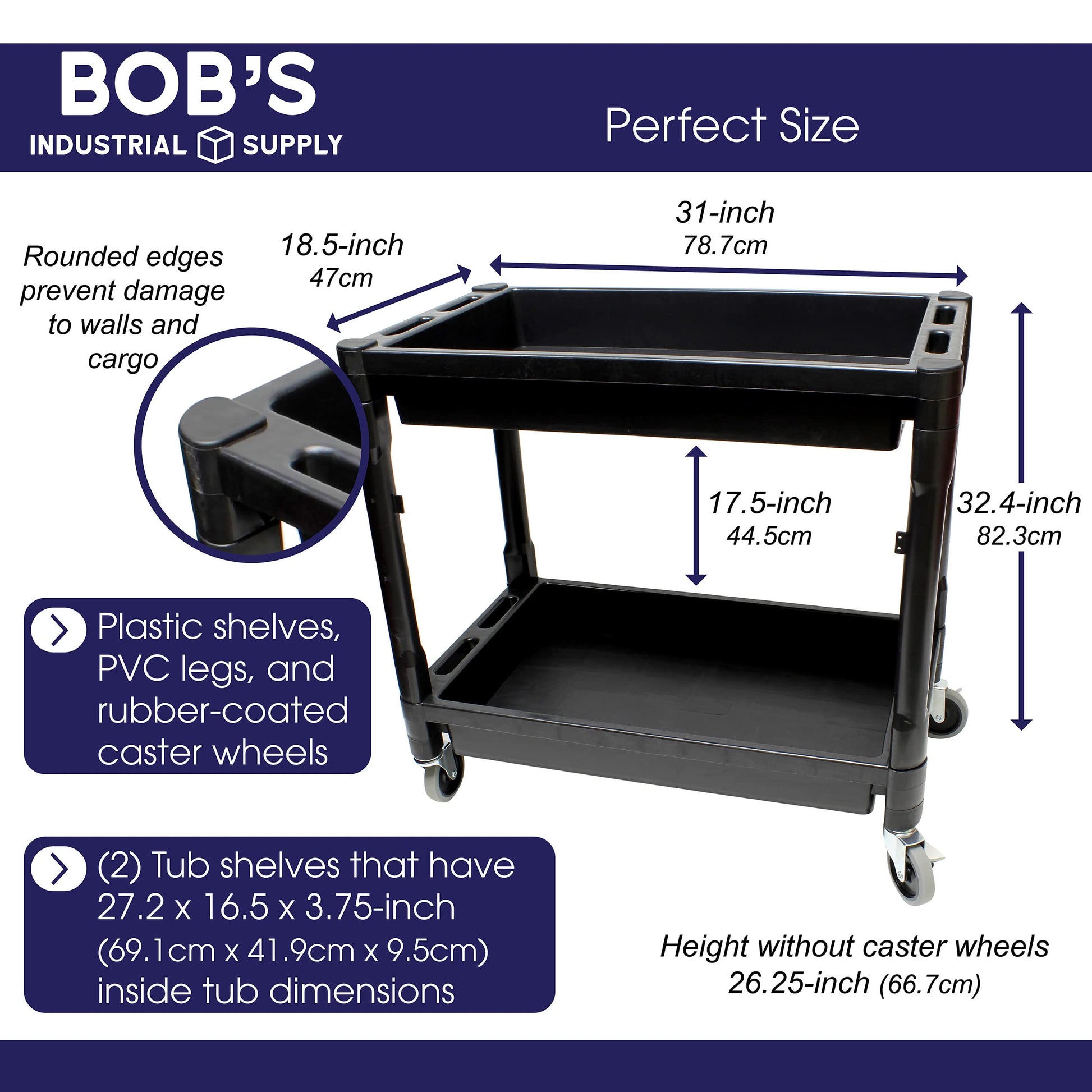 BISupply Plastic Utility Cart on Wheels 1 Pack - 2 Shelf Rolling Commercial Work Cart for Garage, Restaurant, or Classroom - WoodArtSupply