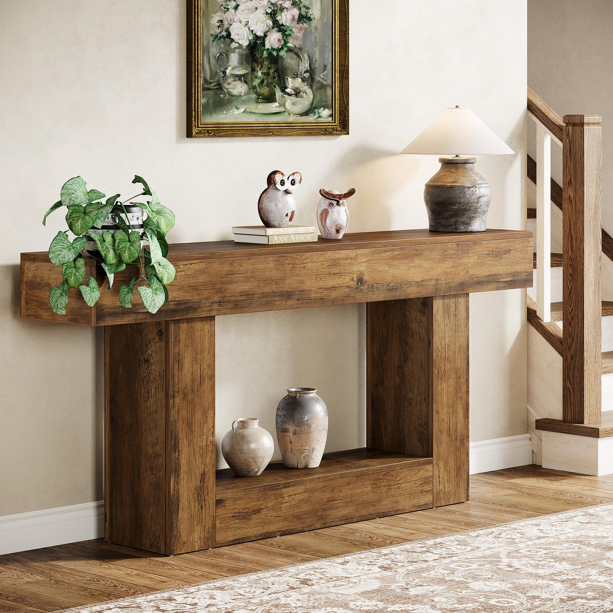 Tribesigns 63" Console Table, Farmhouse 2-Tier Entryway Table with U-Shaped Base, Narrow Long Wood Sofa Table Behind Couch Table for Living Room, Hallway, Foyer, Vintage Brown Tribesigns