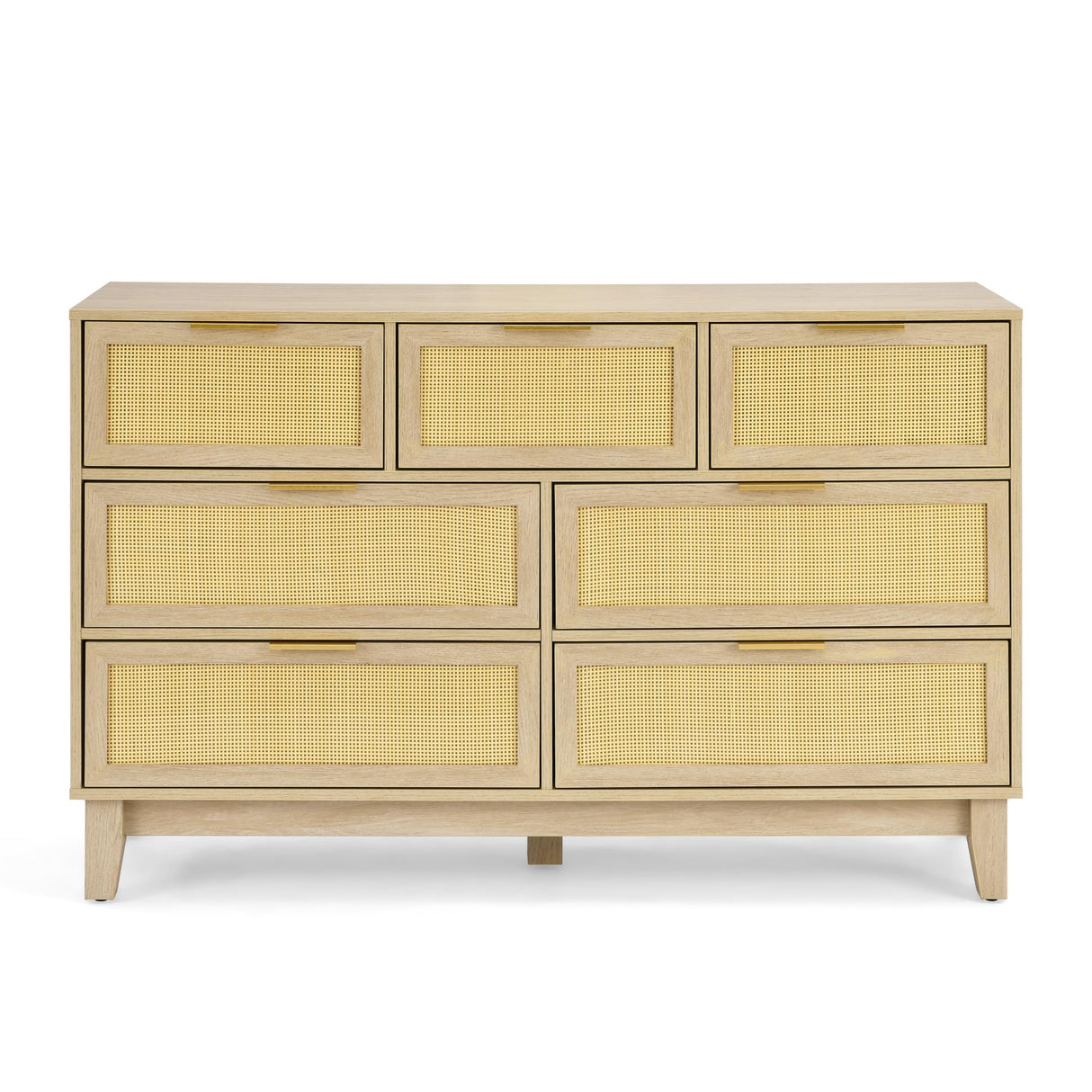 SEHAONOHOME Rattan Dresser with 7 Drawers, Wooden Modern Chest of Drawers, Wood Storage Cabinet for Bedroom, Entryway, Living Room and Hallway, Natural Wood SEHAONOHOME