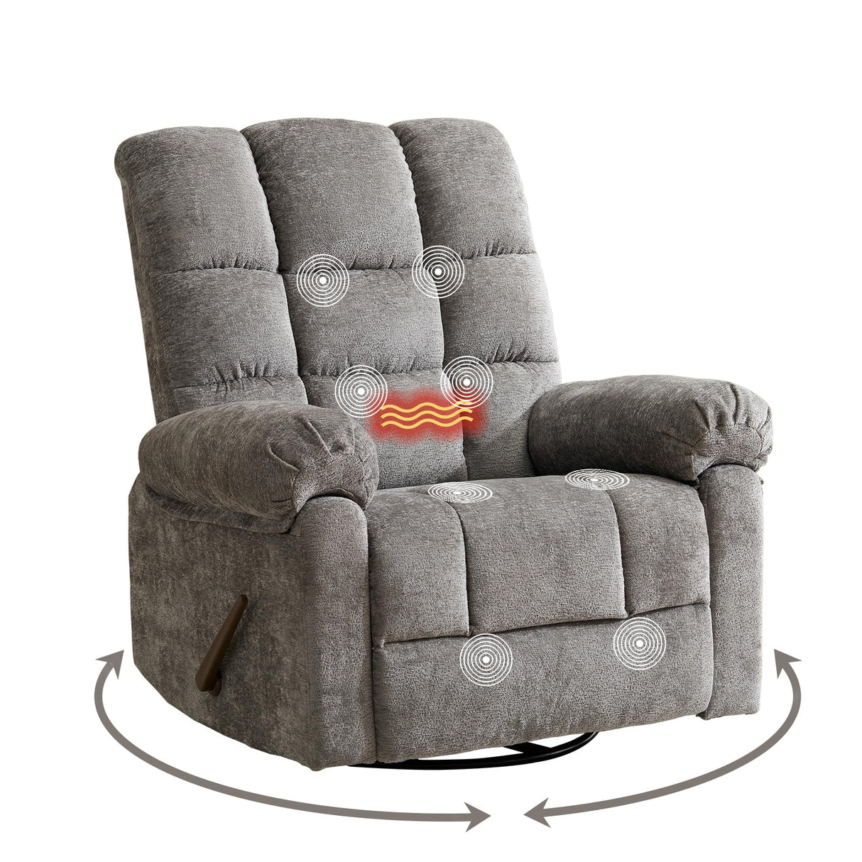 Oversized Swivel Rocker Recliner with Massage and Heat, 26" Extra Wide Manual Recliner for Adults & Big Man, Overstuffed Rocking Chair with High Back for Living Room, Grey Chenille RUTOX