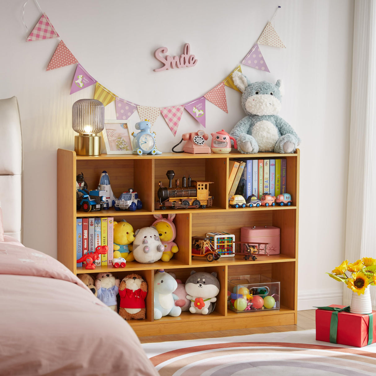 3-Tier Bookshelf, 8-Section Wooden Bookcase, Storage Organizer with Anti-Tilt Device, Modern Storage Display Cabinet for Living Room, Classroom, Kid’s Room (Natural) Onirw