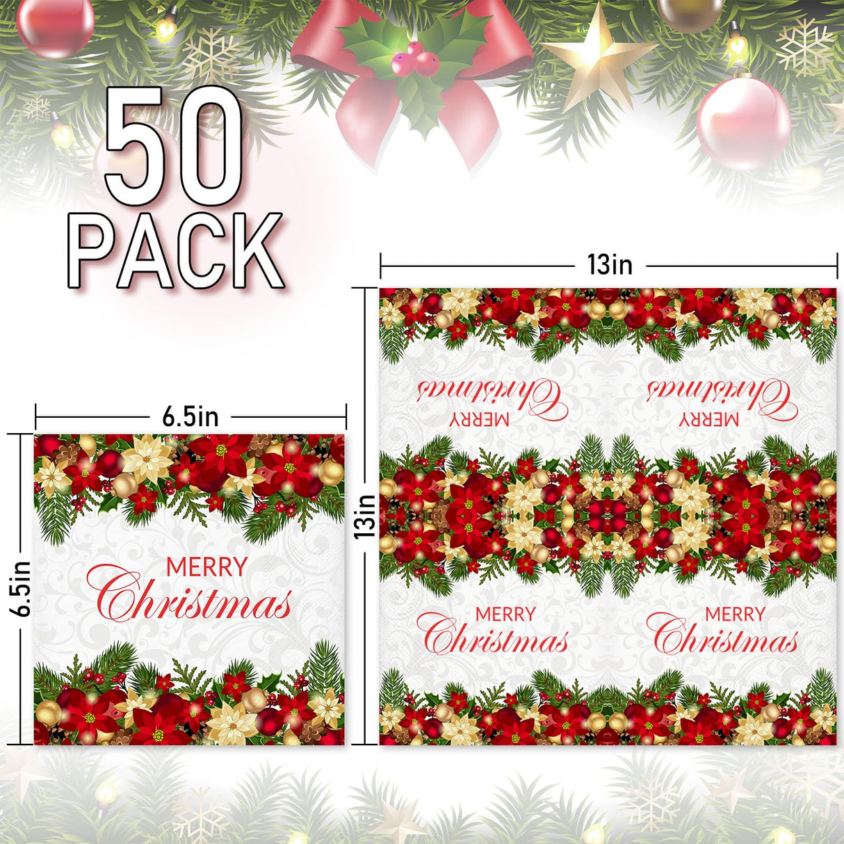 JarThenaAMCS 50Pcs Merry Christmas Paper Napkin Poinsettia Floral Xmas Ball Disposable Dinner Napkin Luncheon Napkin for Winter Party Supplies JarThenaAMCS