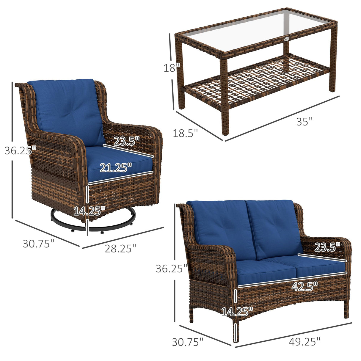 Outsunny 4 Piece PE Rattan Outdoor Patio Furniture Set, Wicker Conversation Set with 2 Swivel Rocking Chairs, 2-Tier Glass Table and Loveseat for Garden, Patio, Poolside, Blue Outsunny