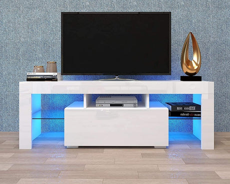 Goujxcy LED TV Stand for 60 inch TVs, High Gloss Entertainment Center with Storage Drawer, Media Console Table Television Stands Cabinet Desk Goujxcy